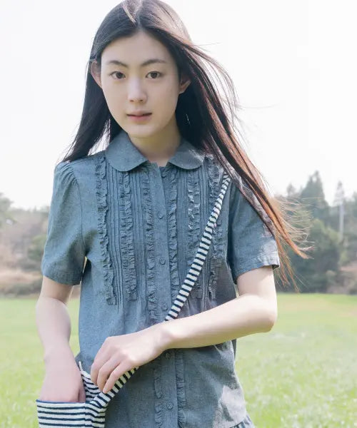 [OHESHIO] ROUND COLLAR FRILL BLOUSE, DENIM