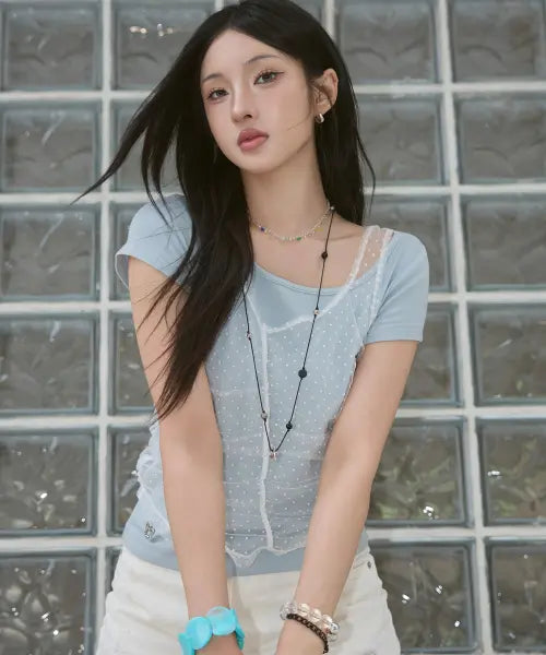 [LMR] Two-Way Lace Shirring Short-Sleeve T-shirt - Sky Blue / White / 투웨이 레이스 셔링 레이어드 반팔 티셔츠 SKY BLUE / WHITE