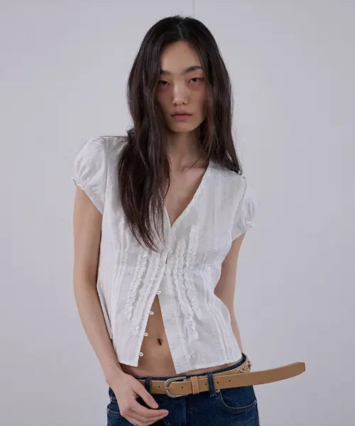 [ORDES] RAW EDGE RUFFLE BLOUSE - WHITE / 로우 엣지 러플 블라우스 - 화이트