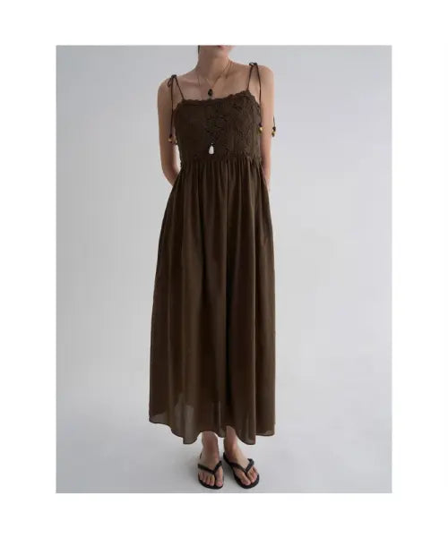 [8SECONDS] Lace Trim Sleeveless Long Dress - Brown / 레이스 배색 슬리브리스 롱원피스  브라운