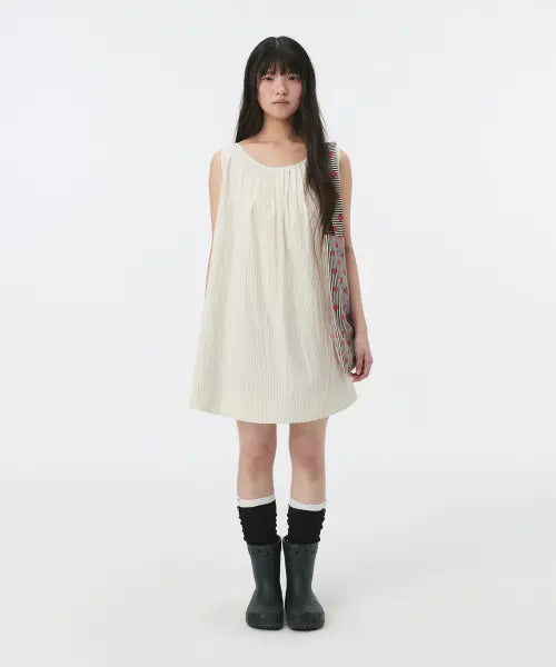 [OHESHIO] BABYDOLL PINTUCK MINI DRESS, CREAM STRIPE