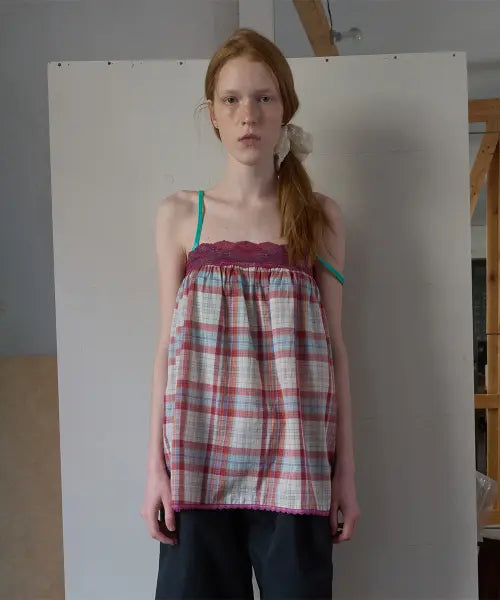 [NOCONTENT] Lace Check Tube Top _ Magenta / 341. 레이스 체크 튜브탑 _ 마젠타