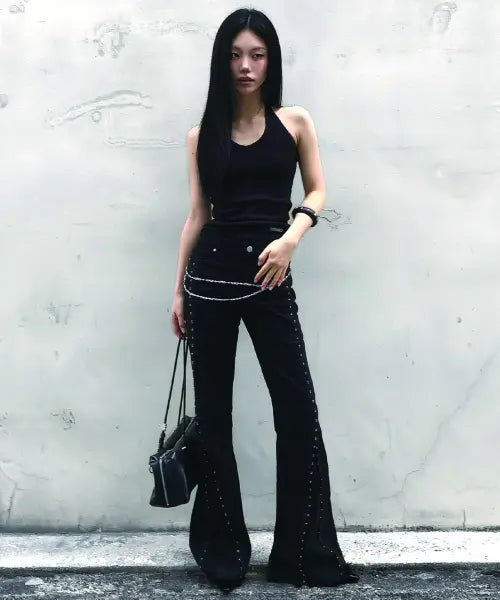 [CUTOUT] Hook Detail Flare Pants-BLACK / 후크드 플레어 팬츠-블랙