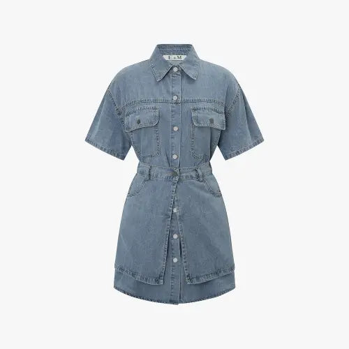 [EBM] Denim Shirt Dress with Layered Skirt / 덧장 스커트 셔츠형 데님 원피스 EMQ5EOP200