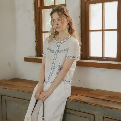 [PROUD MARY] PM_Blue floral embroidery shirt_WHITE