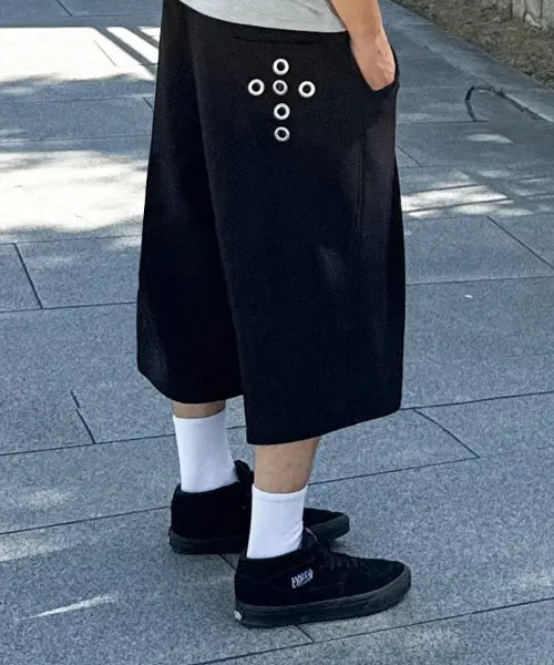 [FUZZY SCAN] Cross Eyelet Bermuda Shorts Black / 크로스 아일렛 버뮤다 팬츠 블랙
