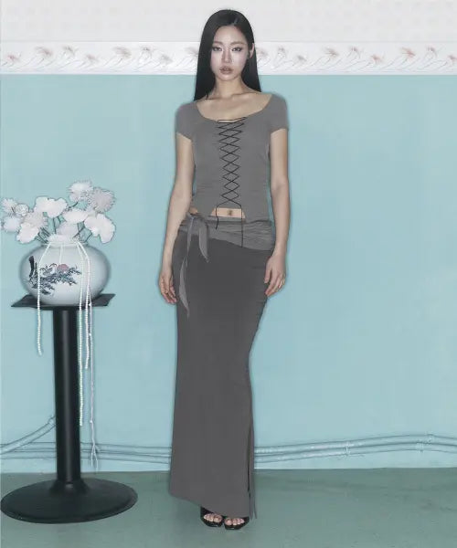 [PLEASENOFOLLOW] Ina Shirring Long Skirt (Khaki)
