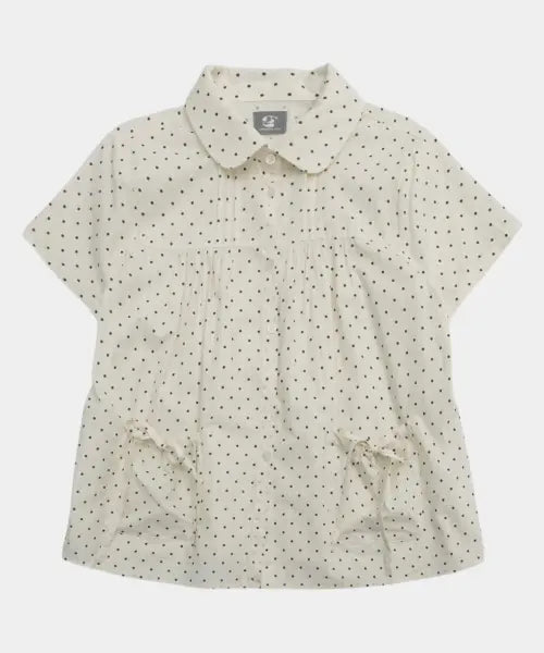 [SOME PLACE] Dot Layered Shirring Pocket Ribbon Strap Round Collar Short Sleeve Blouse [Ivory] / 도트 레이어드 셔링 포켓 리본 스트랩 라운드 카라 반팔 블라우스 셔츠 [아이보리]
