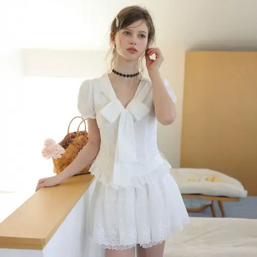 [CEST MOIDEW] Cest_Ribbon eyelet cotton blouse