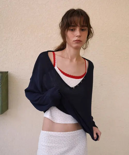 [WITHOUT SUMMER] Button v-neck knit_navy / 버튼 브이넥 니트_네이비