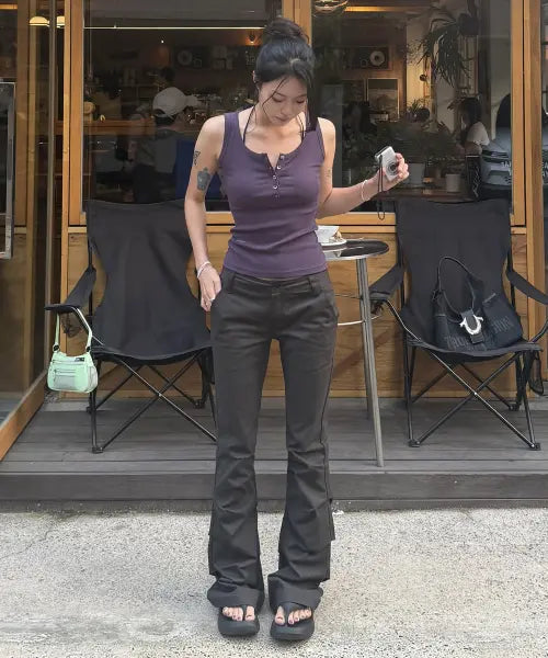 [PEPLEE] Shirring Boots Cut Cotton Pants (Charcoal)