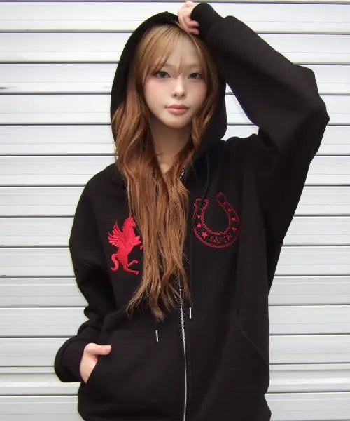 [LUVISTRUE] EL UNICORN HOOD ZIP UP(BLACK)