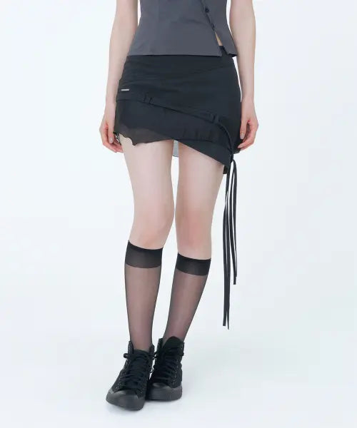 [MISEKI SEOUL] Diagonal Sheer String Mini Skirt - Black / Diagonal sheer string mini skirt BLACK