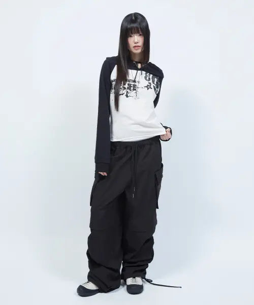 [LMR] Shirring Point String Cargo Pants BLACK / 셔링 포인트 스트링 카고 팬츠 BLACK