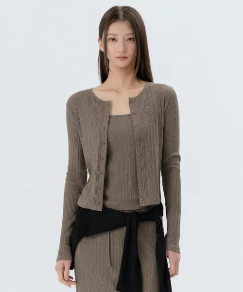 [MUSINSA STANDARD WOMAN] Women's Slub Ribbed Top Cardigan Set [Taupe] / 우먼즈 슬럽 리브드 탑 가디건 세트 [토프]