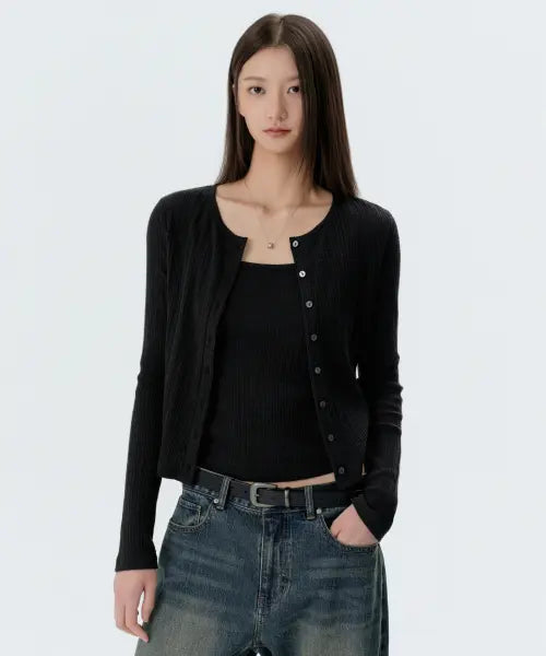 [MUSINSA STANDARD WOMAN] Women's Slub Ribbed Top Cardigan Set [Black] / 우먼즈 슬럽 리브드 탑 가디건 세트 [블랙]