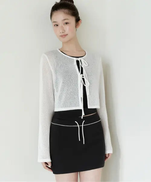 [MUSINSA STANDARD WOMAN] Women's Linen Blend Tie-Up Crop Cardigan [White] / 우먼즈 린넨 블렌드 타이 업 크롭 가디건 [화이트]