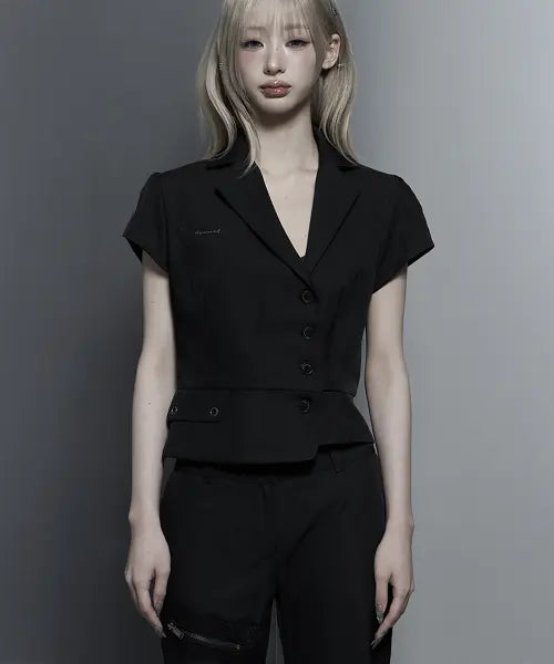 [ETRE AU SOMMET] Cropped Short Sleeve Tailored Jacket (Black)
