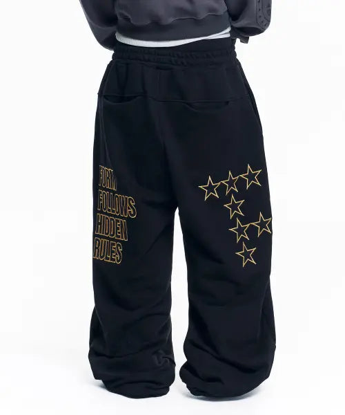 [EASY NO EASY] Star Lettering Patch Sweatpants - Black / 스타 레터링 패치 스웻 팬츠 - 블랙