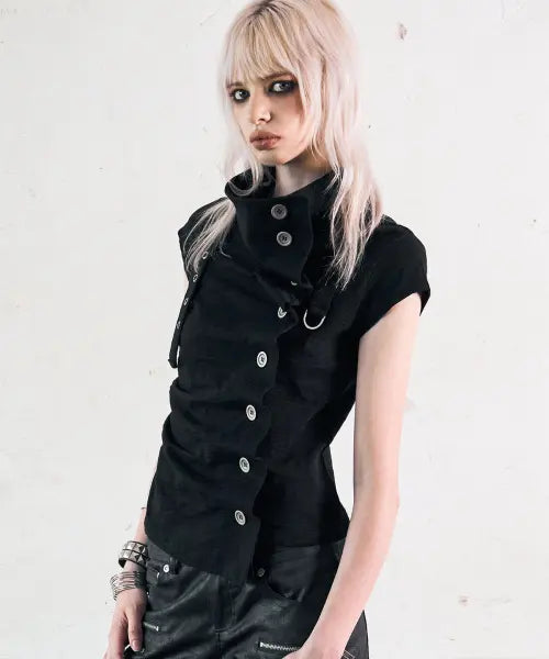 [NOTKNOWING] Drape Button Shirring Top (BLACK)