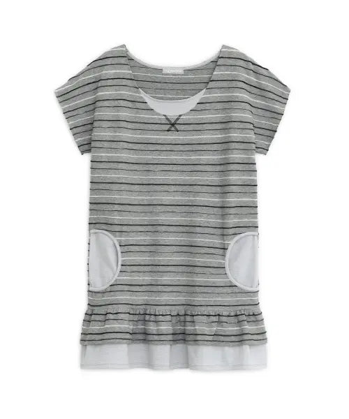 [HUG YOUR SKIN] Stripe round pocket dress (Gray) / 스트라이프 라운드 포켓 드레스 (그레이)