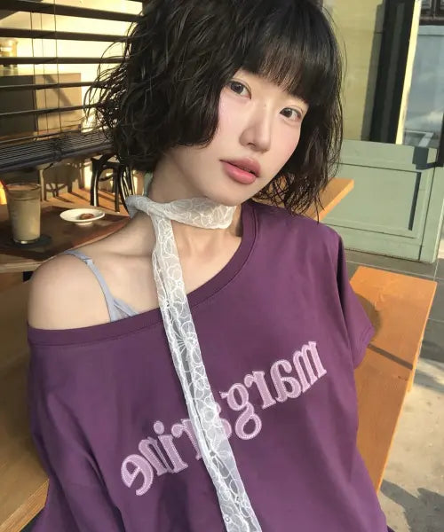 [STMG] Margarine One-Shoulder Applique Logo Short Sleeve purple / 마가린 원숄더 아플리케 로고 반팔 퍼플