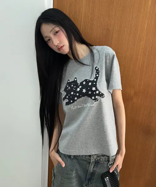 [LMR] Star Dot Appliqué Short Sleeve T-Shirt GREY / 스타 도트 캣 아플리케 반팔 티셔츠 GREY