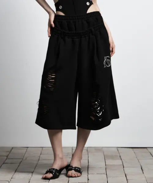 [AS YOU ARE] LAYERED DAMAGE BERMUDA PANTS BLACK / 레이어드 데미지 버뮤다 팬츠 블랙