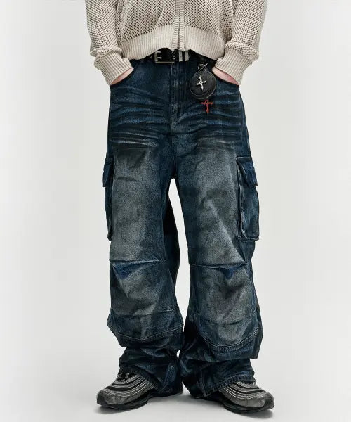 [NOT4NERD] Dirty Washed Parachute Cargo Denim Pants - Deep Blue