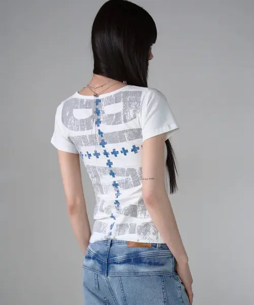 [PRENDA] DOUBLE CROSS BACK PRINT SHORT SLEEVE WHITE