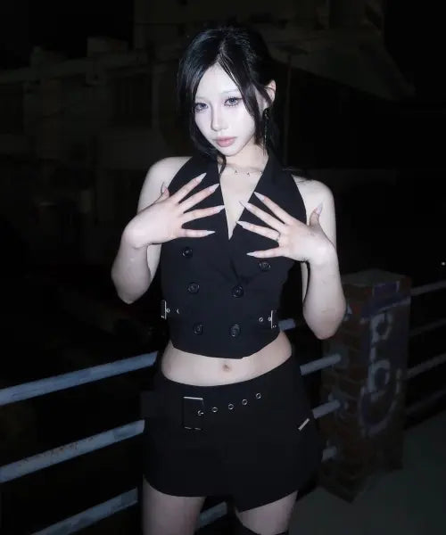 [ROCKCAKE] Double Button Halter Vest - Black