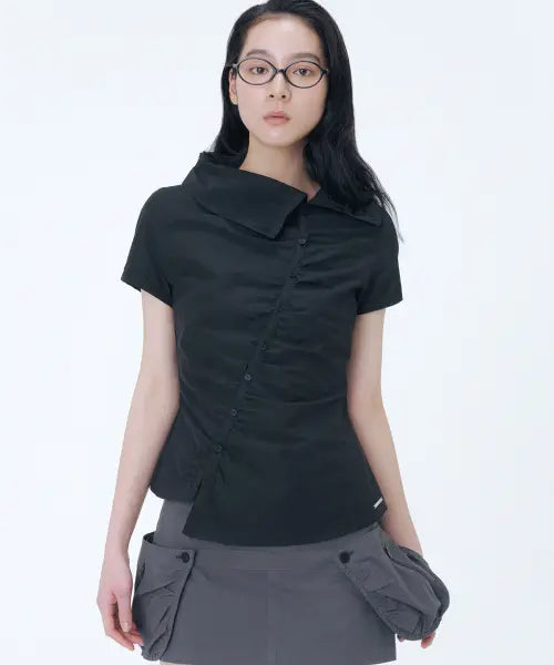[MISEKI SEOUL] High neck shirring button shirt BLACK