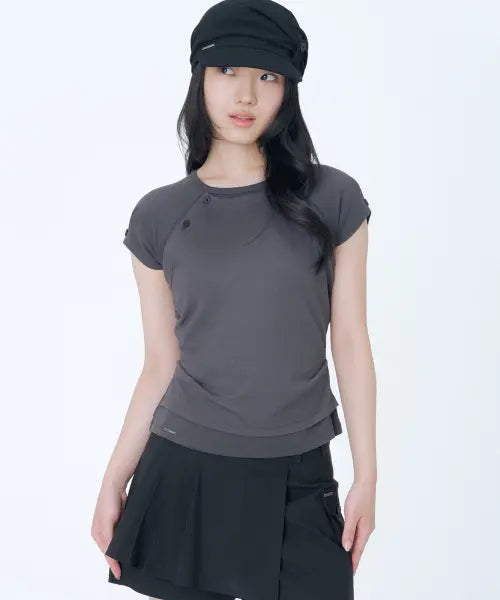 [MISEKI SEOUL] Hannah button layered short sleeve CHARCOAL