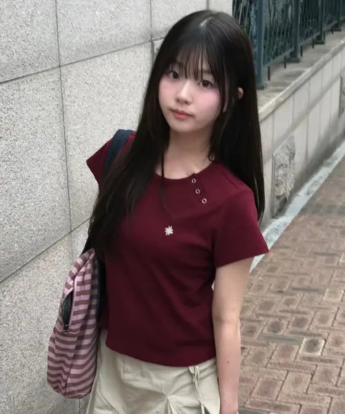 [SLOW RECORD HOUSE] Henley Neck Eyelet T-Shirt_Burgundy / 헨리넥 아일렛 티셔츠_버건디