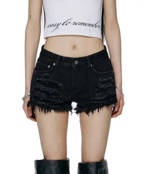 [ROCKCAKE] Damage Denim Shorts - Black