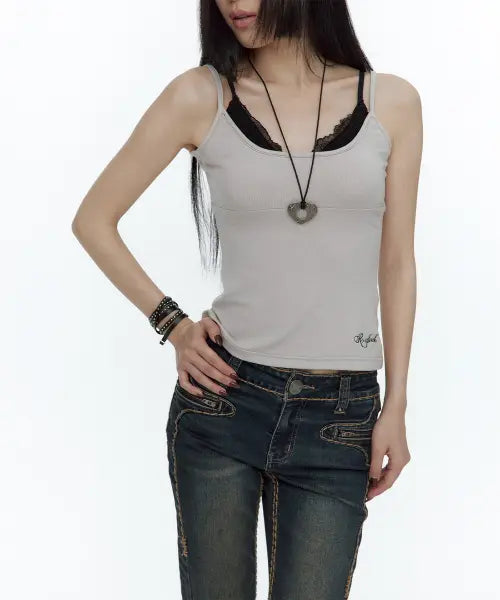 [ROUGHNECK] Lace Layered Sleeveless Ash Lavender
