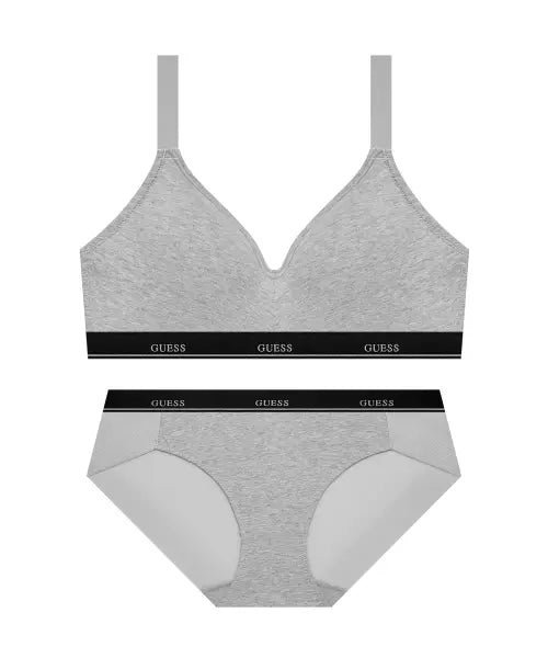 [GUESS UNDERWEAR] Signature Cotton Non-Wire Bra & Panty Set - Mélange Grey / 시그니처 코튼 노와이어 브라 팬티 세트 - 멜란지그레이