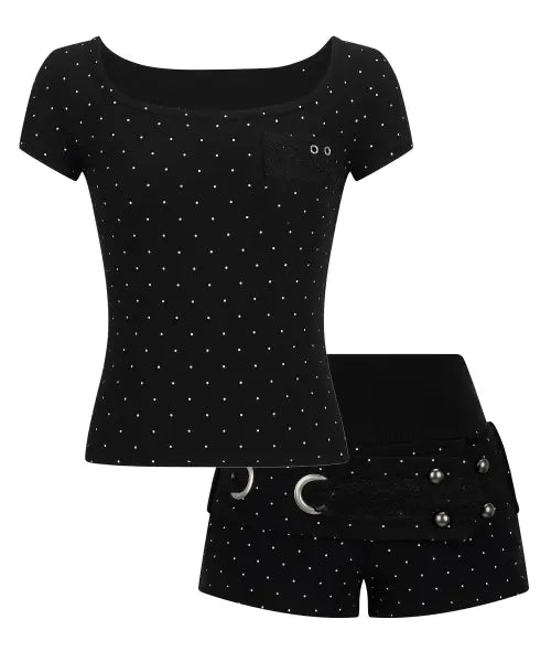 [ILLIO] [SET] Black dots Square Neck Lace Pocket T-shirt + Lace Belted Shorts