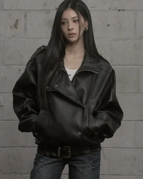 [KHAKIPOINT] Structured High-Neck Leather Jacket (black)