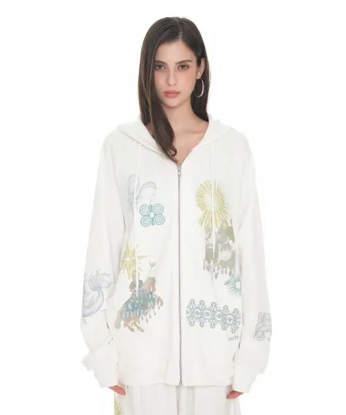 [TOOMUCHTAX] Tarot 02 Waffle Zip-up Hoodie White / 타로 02 와플 집업 후디 화이트