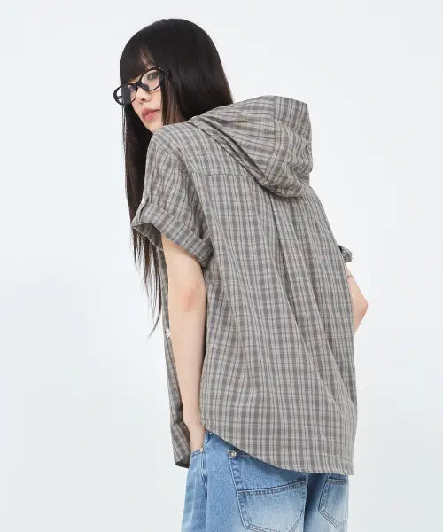 [SECONDSALT] CHECK HOODED HALF SHIRT (MATCHA SALT) / 체크 후드 하프셔츠 (말차솔트)