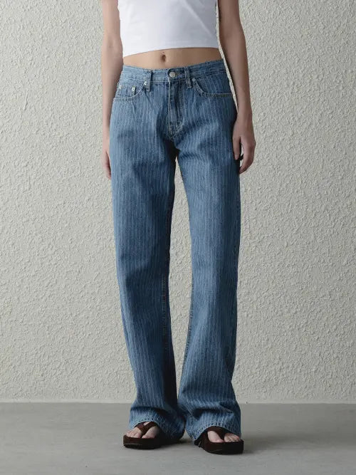 [LO FADE] Jacquard Low-Rise Wide Straight Denim - Stripe Indigo
