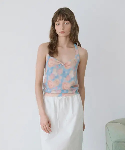 [SINOON] Rose Floral Knit Halter Top (Blue)