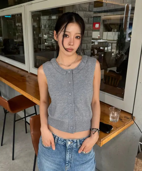 [PLAC WOMEN] Frill Sleeve Sleeveless Knit Cardigan - Grey / 프릴 슬리브리스 니트 가디건 그레이