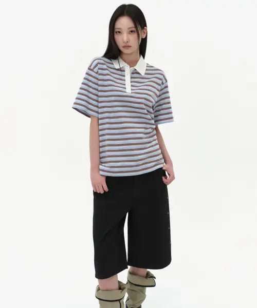 [MUSINSA STANDARD WOMAN] Women's Multi Stripe Short Sleeve Rugby Shirt [Sky Blue] / 우먼즈 멀티 스트라이프 반소매 럭비 셔츠 [스카이 블루]