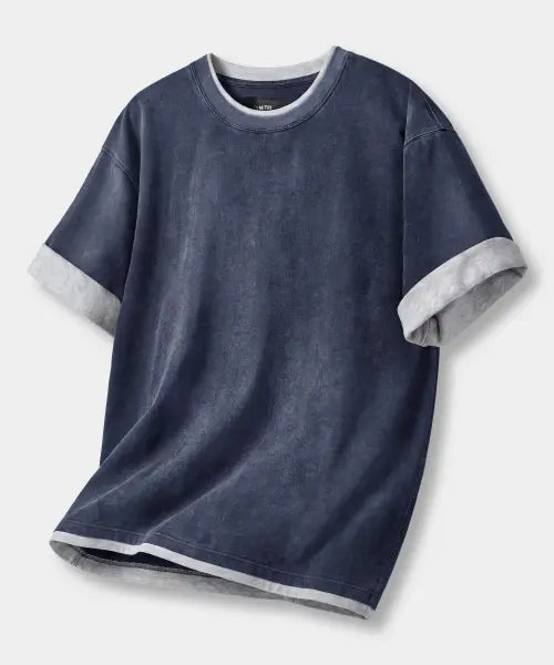 [DIMITRI BLACK] CONTRAST LAYERED ROLL-UP T-SHIRT_PIGMENT NAVY / 배색 레이어드 롤업 반팔 티셔츠_피그먼트 네이비
