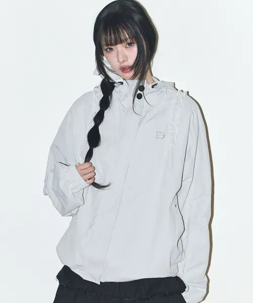 [ILLIGO] OBLIQUE FRILL HOODED JACKET CHECK GRAY / 오블리크 프릴 후드 자켓 그레이