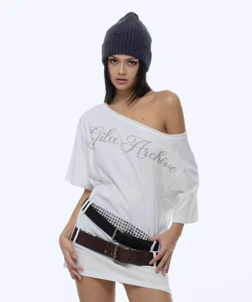 [GILAARCHIVE] SQUARE STUD BELT ONE SHOULDER T-SHIRTS_WHITE