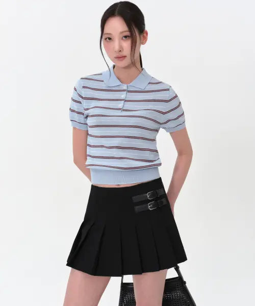 [MUSINSA STANDARD WOMAN] Women's Multi Stripe Knitted Polo Shirt [Sky Blue] / 우먼즈 멀티 스트라이프 니티드 폴로 셔츠 [스카이 블루]