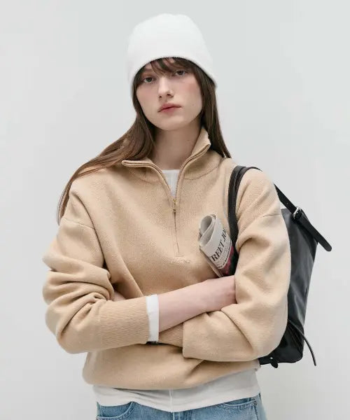 [ROLAROLA] HIGH NECK KNIT HALF ZIP-UP BEIGE